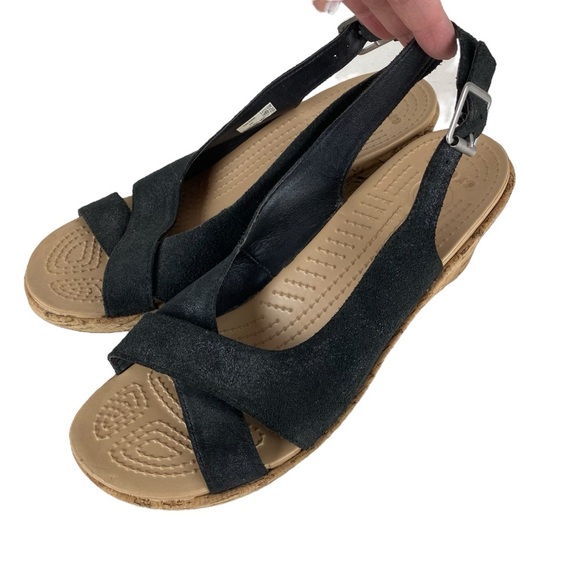Crocs A-Leigh Sandals Cork Wedge Heel Sandals Size 10 Black Shimmer Leather - Picture 1 of 9